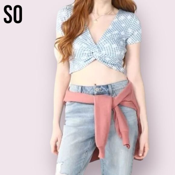 Preowned SO Blue White Daisy Checkered RETRO Reversible Twist Crop Top - XS - Picture 6 of 7